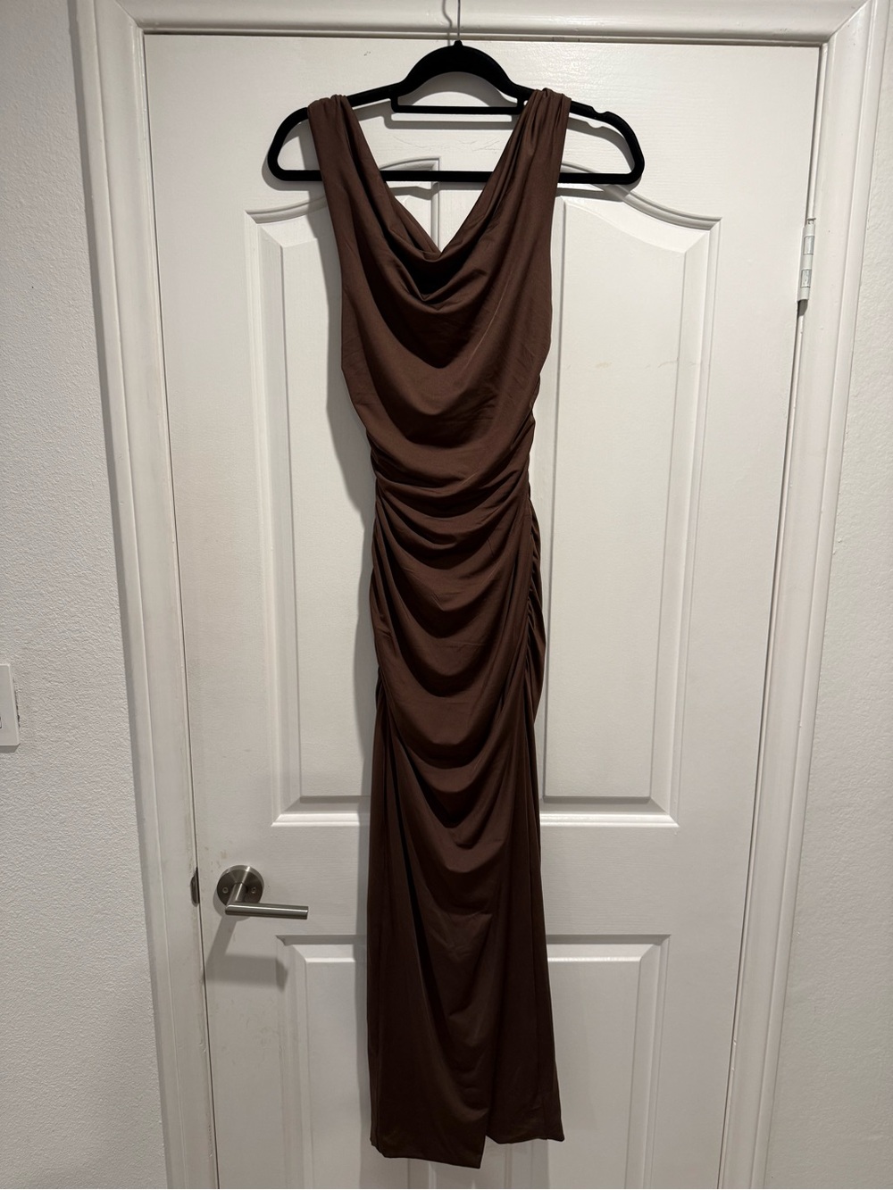 Hello Molly Chocolate Brown Cowl Neck Ruched Maxi Dress Size S US 4